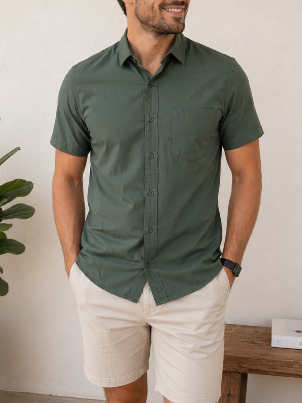 Old Navy Slim Fit Button Up Shirt Men’s Small Olive Green Short Sleeve Preppy
